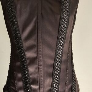 Vintage 90's La Russe Black Satin Corset, Hook&eye Front, Criss Cross Blue Tie